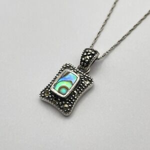 Small Sterling Abalone Marcasite Pendant‎ Necklace Minimalist Jewelry